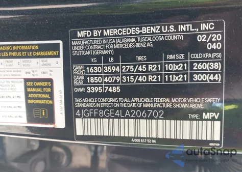 2020 Mercedes-Benz Gls 580 4Matic from USA, damaged, VIN 4JGFF8GE4LA206702